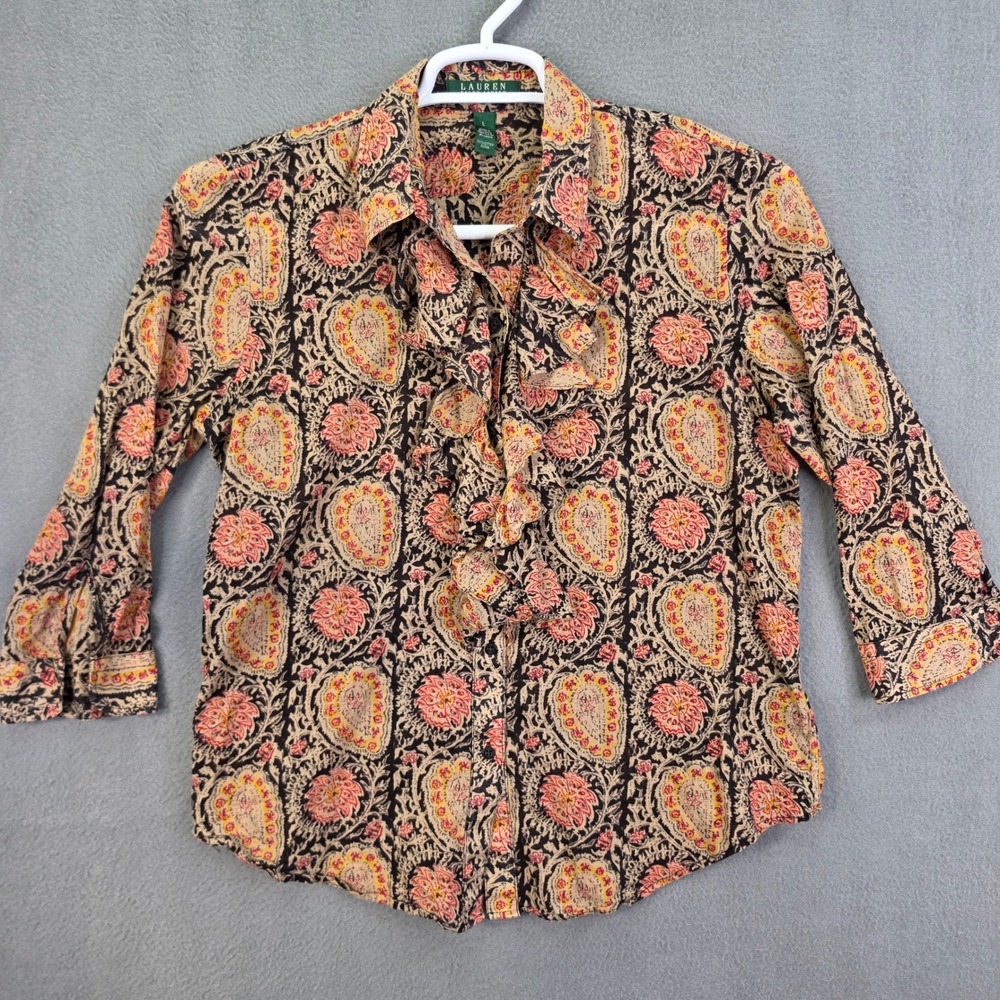 Lauren Ralph Lauren Blouse Ruffle Front Paisley Tan Pink L Cotton Bohemian Top